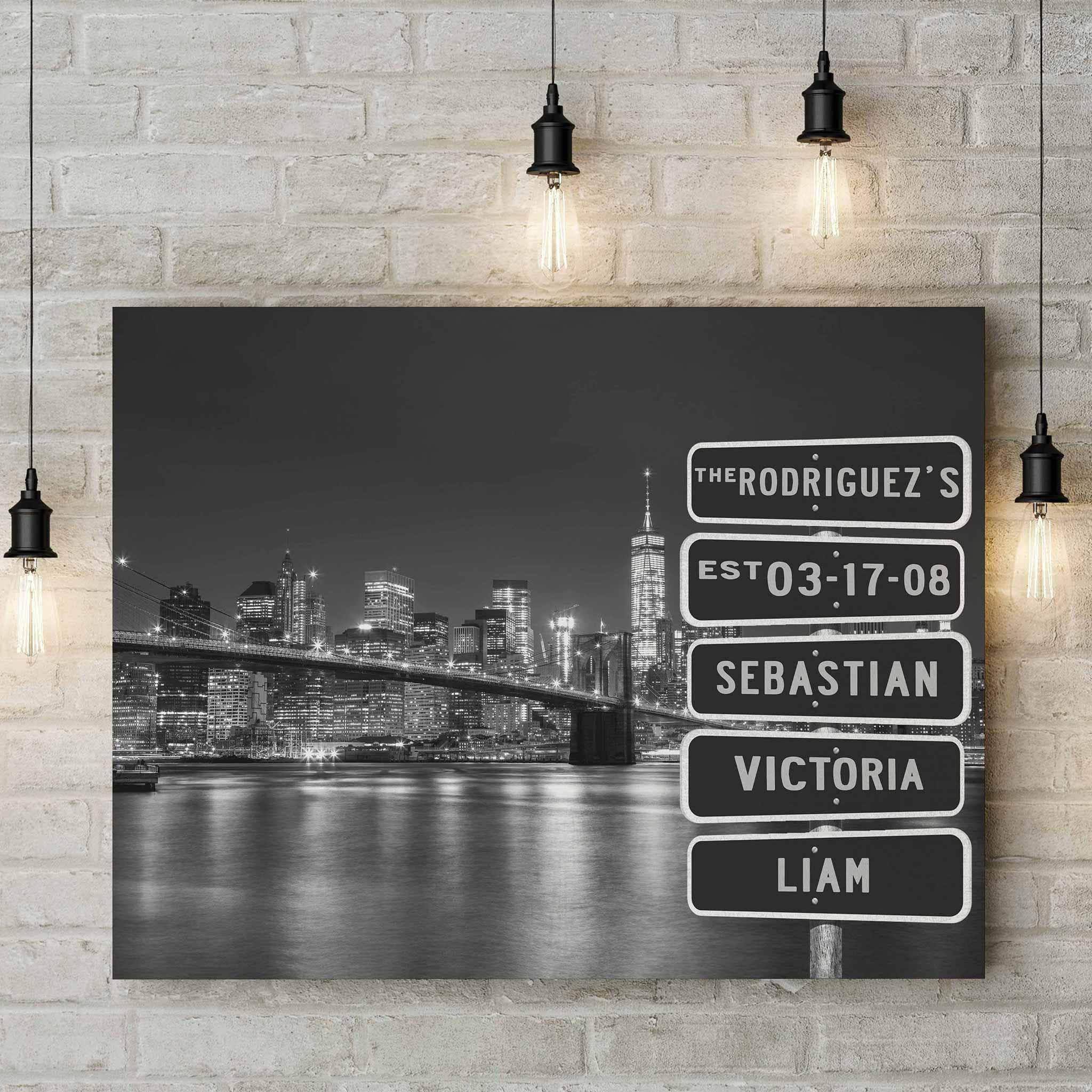 New York Manhattan Brooklyn Bridge Night Skyline B&W Multiple Names Personalized Street Sign CanvasCustomly Gifts