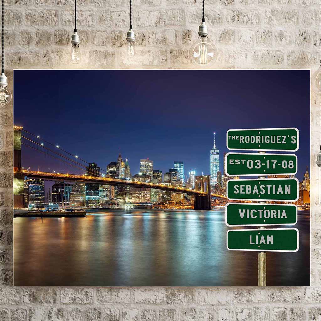 New York Manhattan Brooklyn Bridge Night Skyline Multiple Names Personalized Street Sign CanvasCustomly Gifts