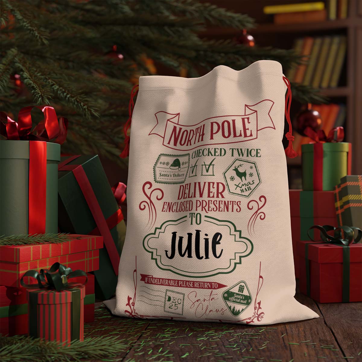 North Pole Deliver Enclosed Presents Personalized Christmas Gift Delivery SackCustomly Gifts