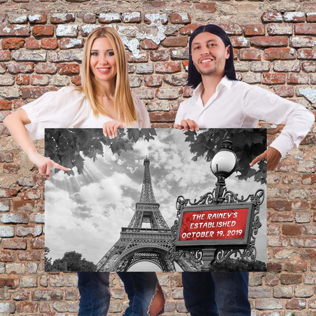Paris Eiffel Tower B&W With Red Personalized Metro Sign CanvasCustomly Gifts