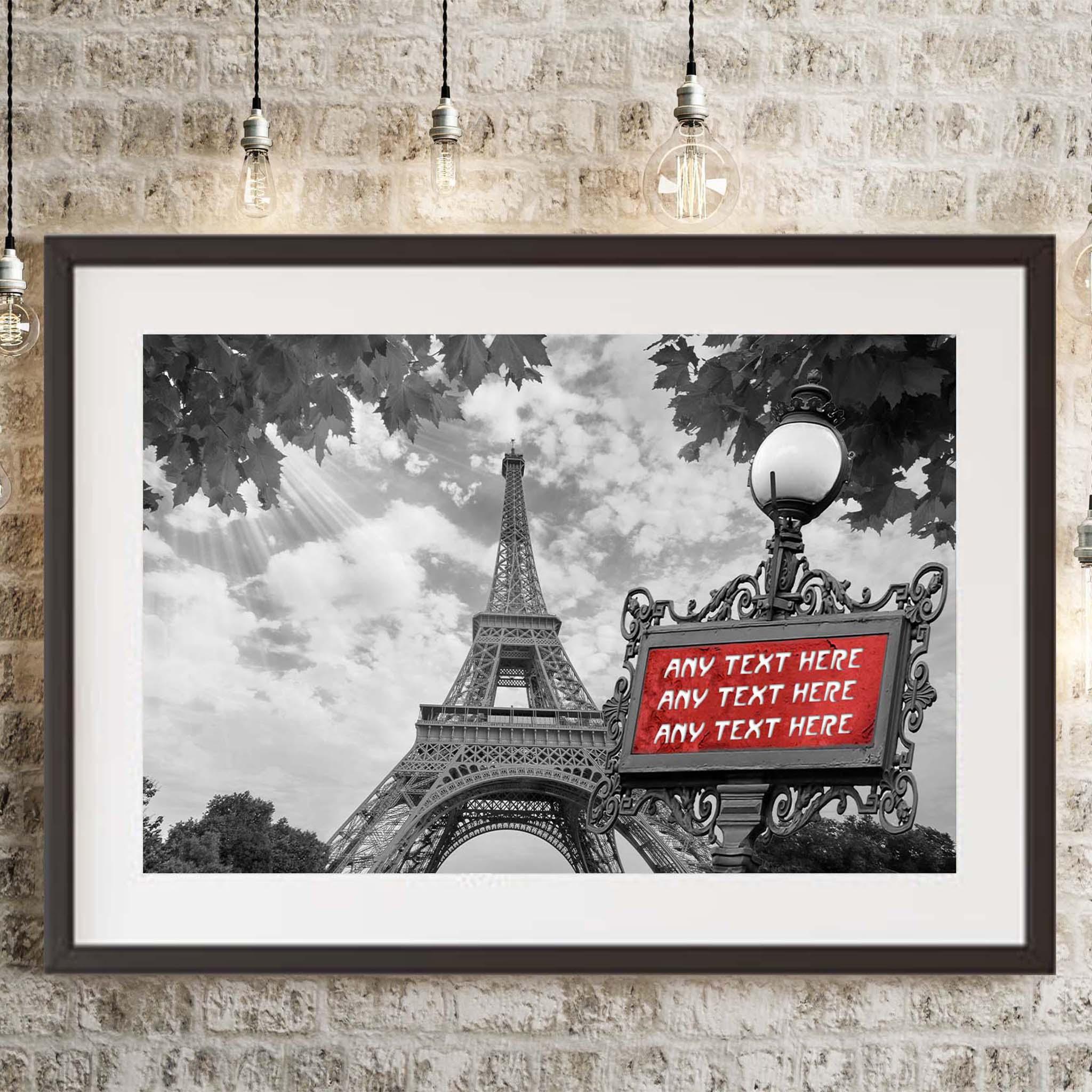 Paris Eiffel Tower B&W With Red Personalized Metro Sign PosterCustomly Gifts