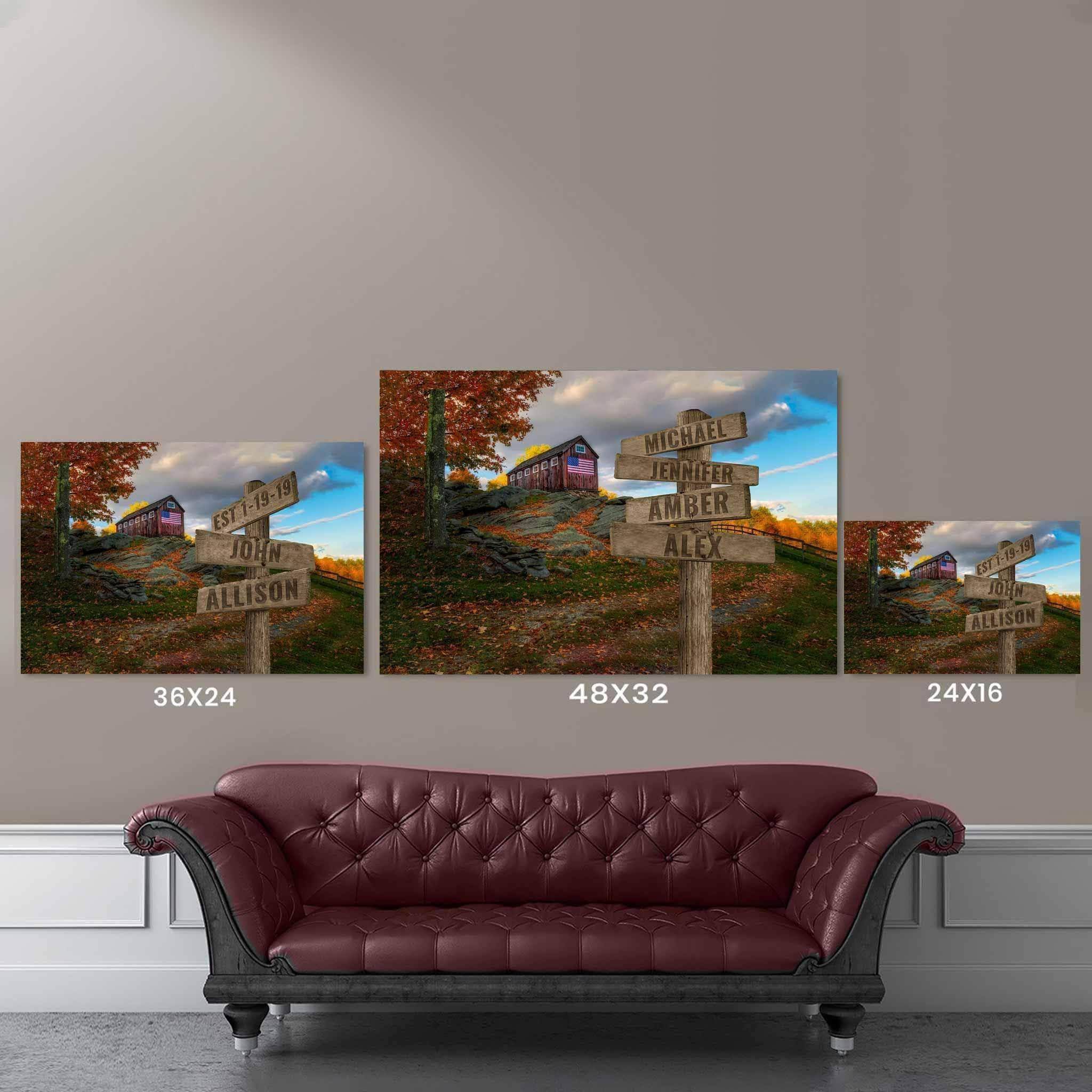 Patriotic Rustic Barn American Flag Atop Granite Multiple Names Personalized Directional Sign CanvasCustomly Gifts