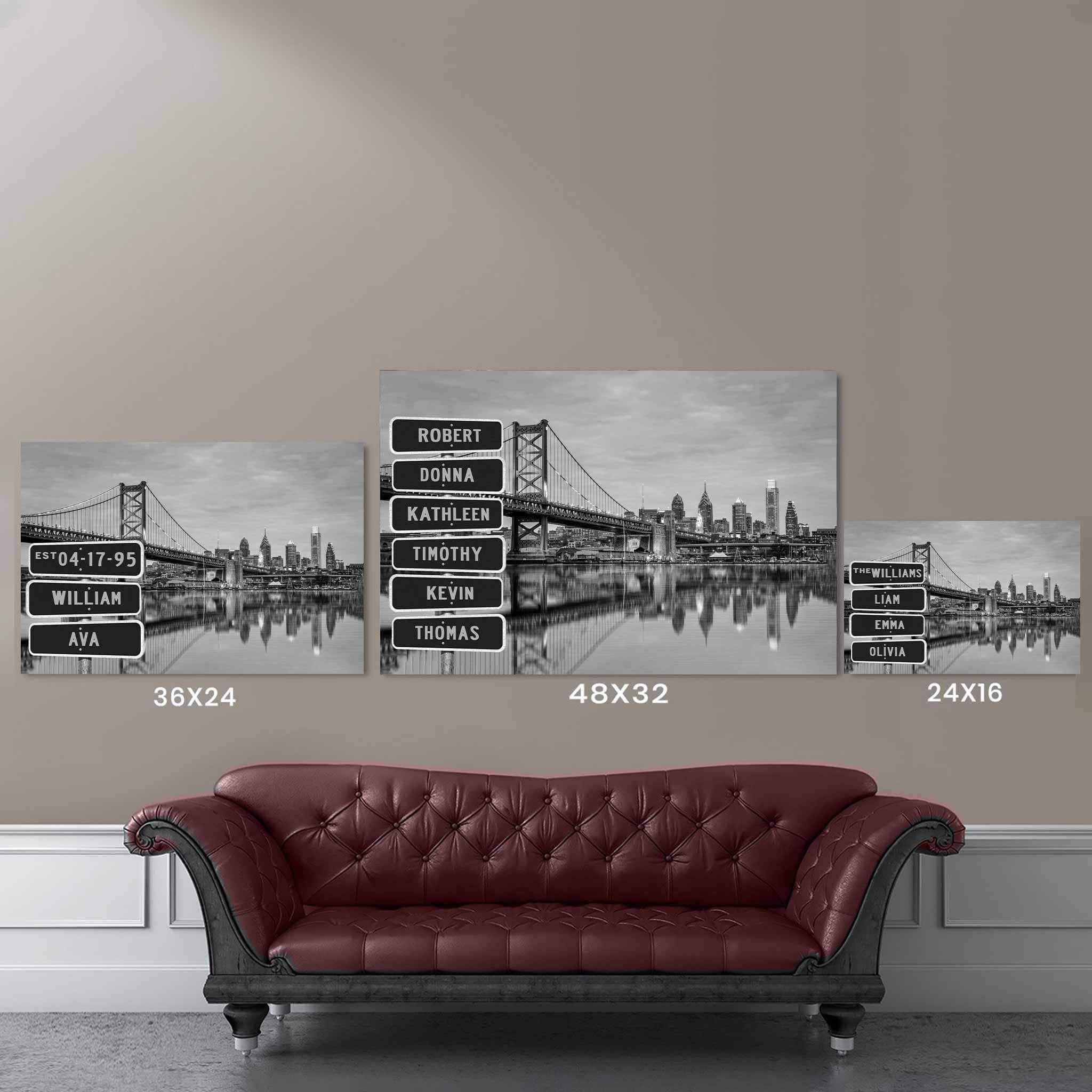 Philadelphia Benjamin Franklin Bridge B&W Multiple Names Personalized Street Sign CanvasCustomly Gifts
