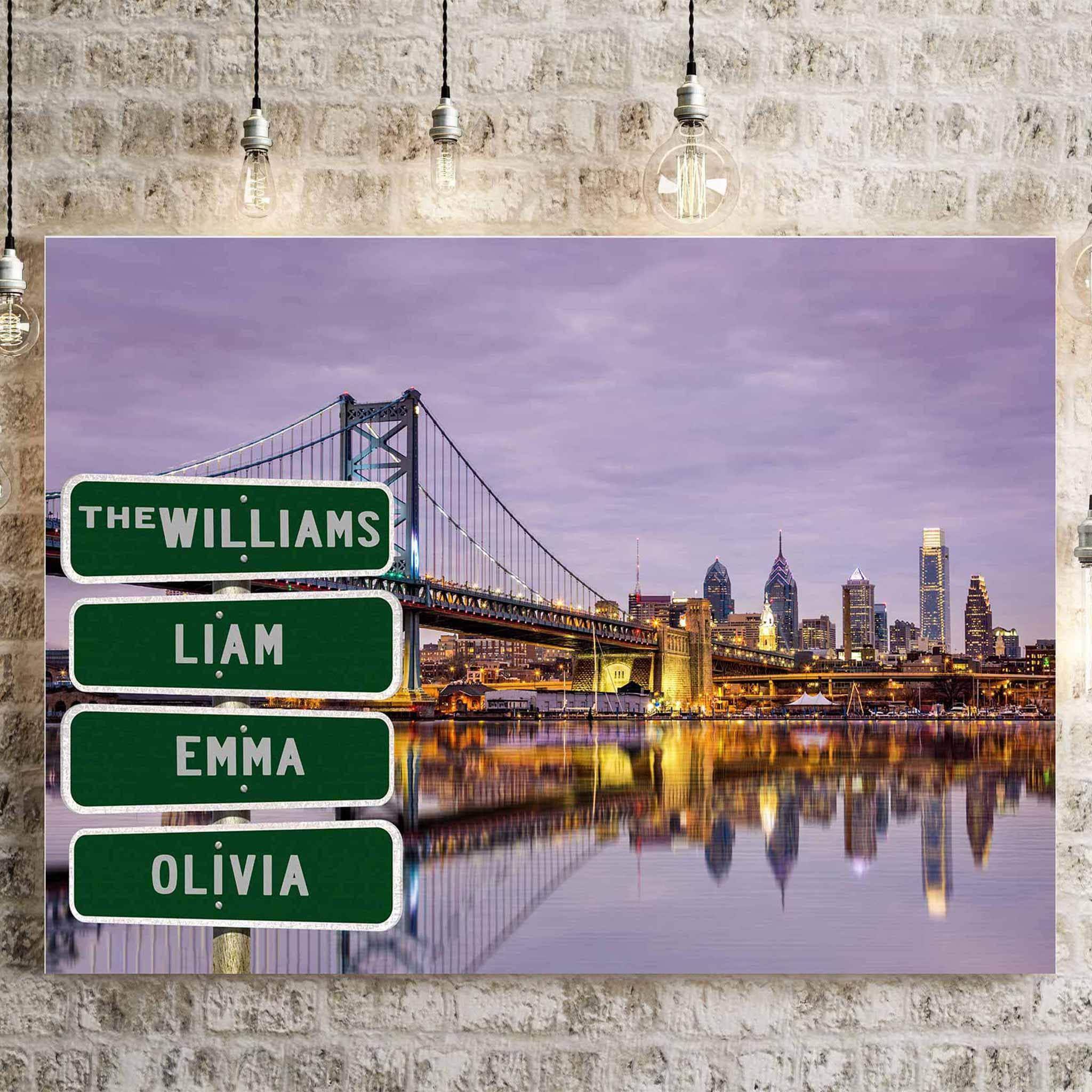 Philadelphia Benjamin Franklin Bridge Purple Sunset Multiple Names Personalized Street Sign CanvasCustomly Gifts