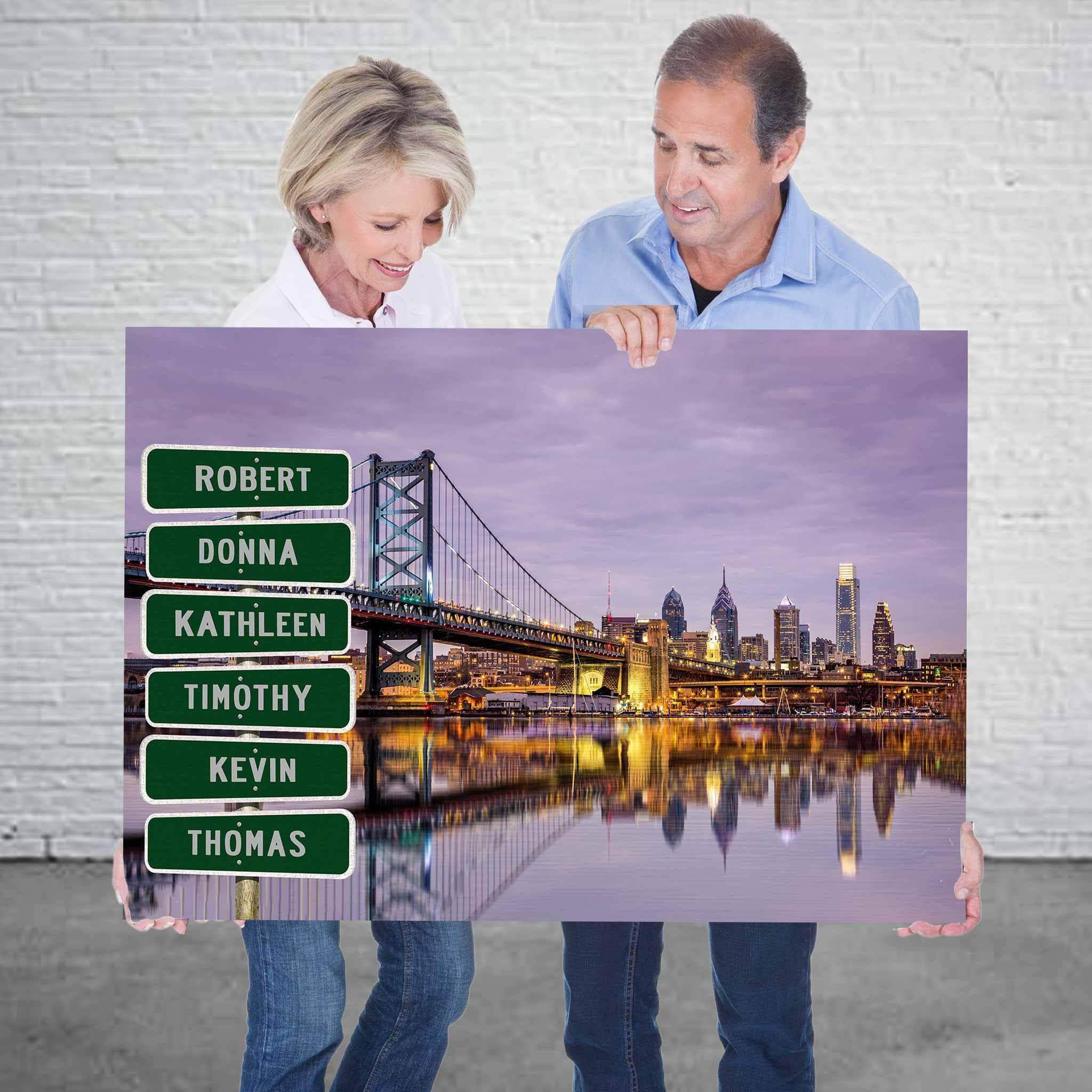 Philadelphia Benjamin Franklin Bridge Purple Sunset Multiple Names Personalized Street Sign CanvasCustomly Gifts