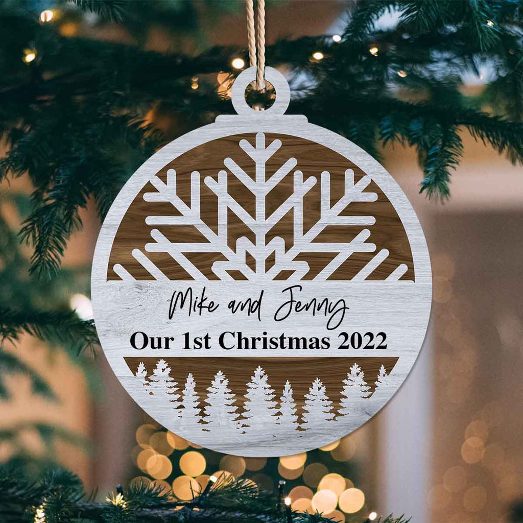 Raised Snowflake and Tree-line Personalized Wood OrnamentCustomly Gifts