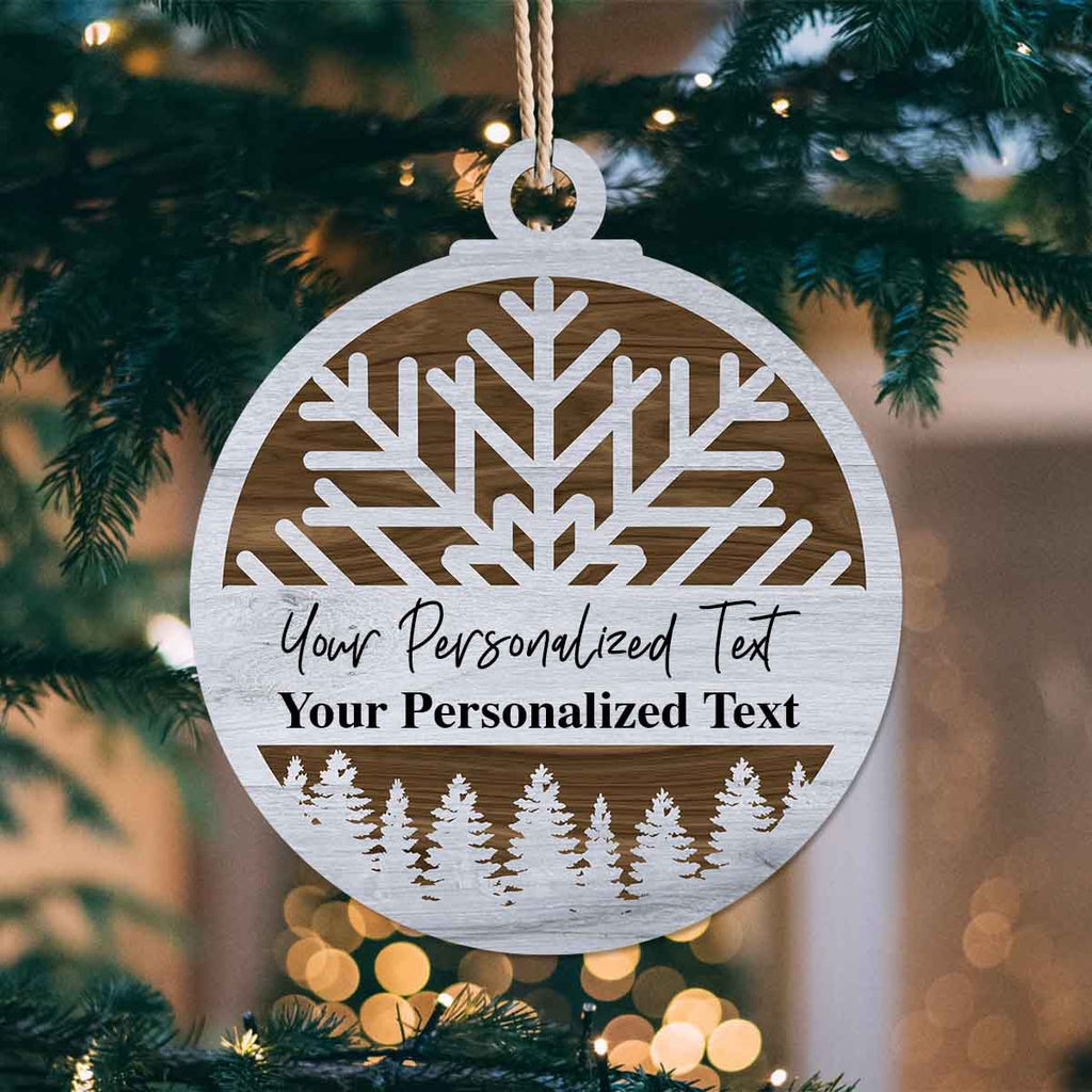 Raised Snowflake and Tree-line Personalized Wood OrnamentCustomly Gifts