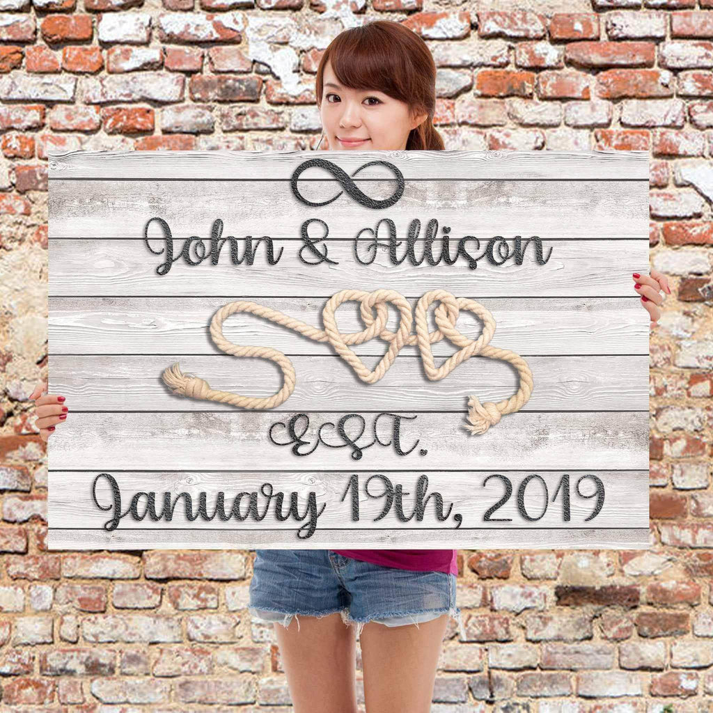 Relationship 2 Rope Hearts Black Cast Iron Cut Metal Effect Rustic White Wood Personalized CanvasCustomly Gifts