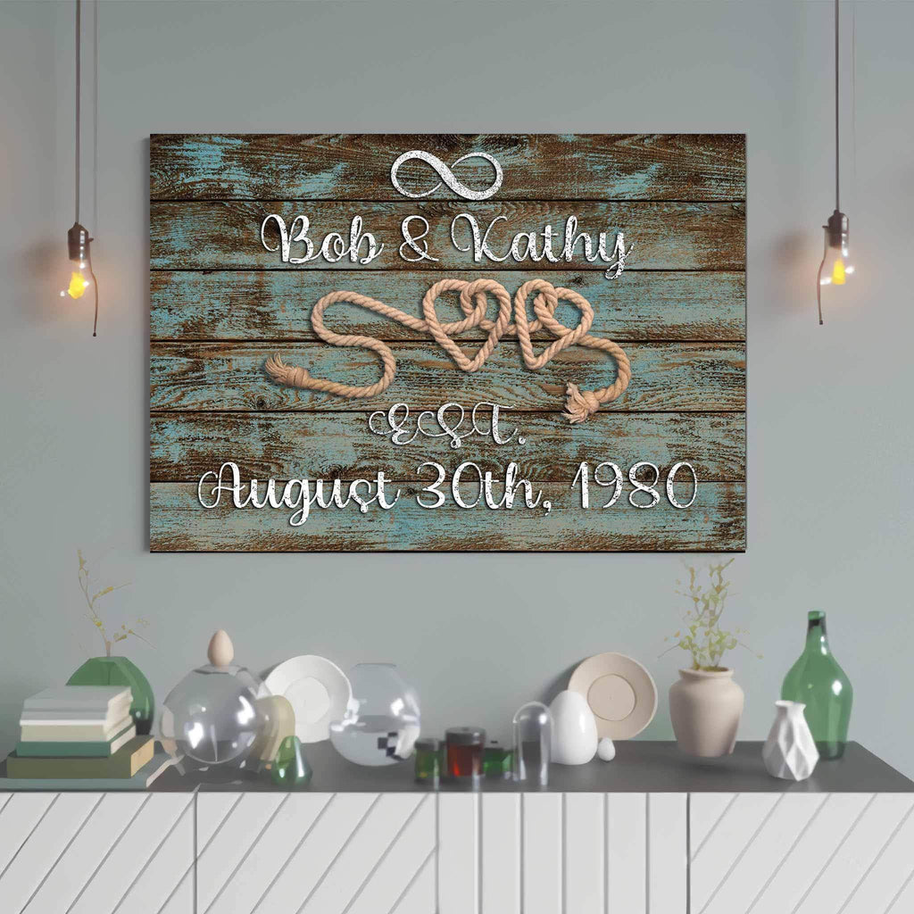 Relationship 2 Rope Hearts Distressed White Cut Metal Effect Distressed Blue Wood Personalized CanvasCustomly Gifts