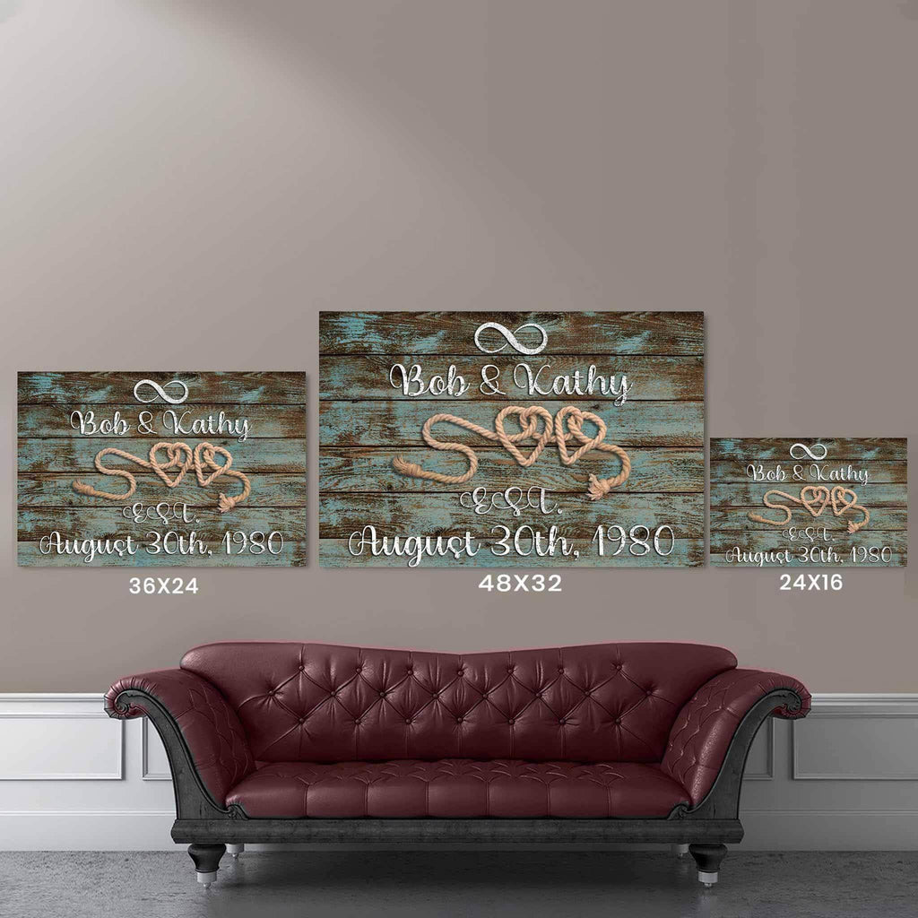 Relationship 2 Rope Hearts Distressed White Cut Metal Effect Distressed Blue Wood Personalized CanvasCustomly Gifts