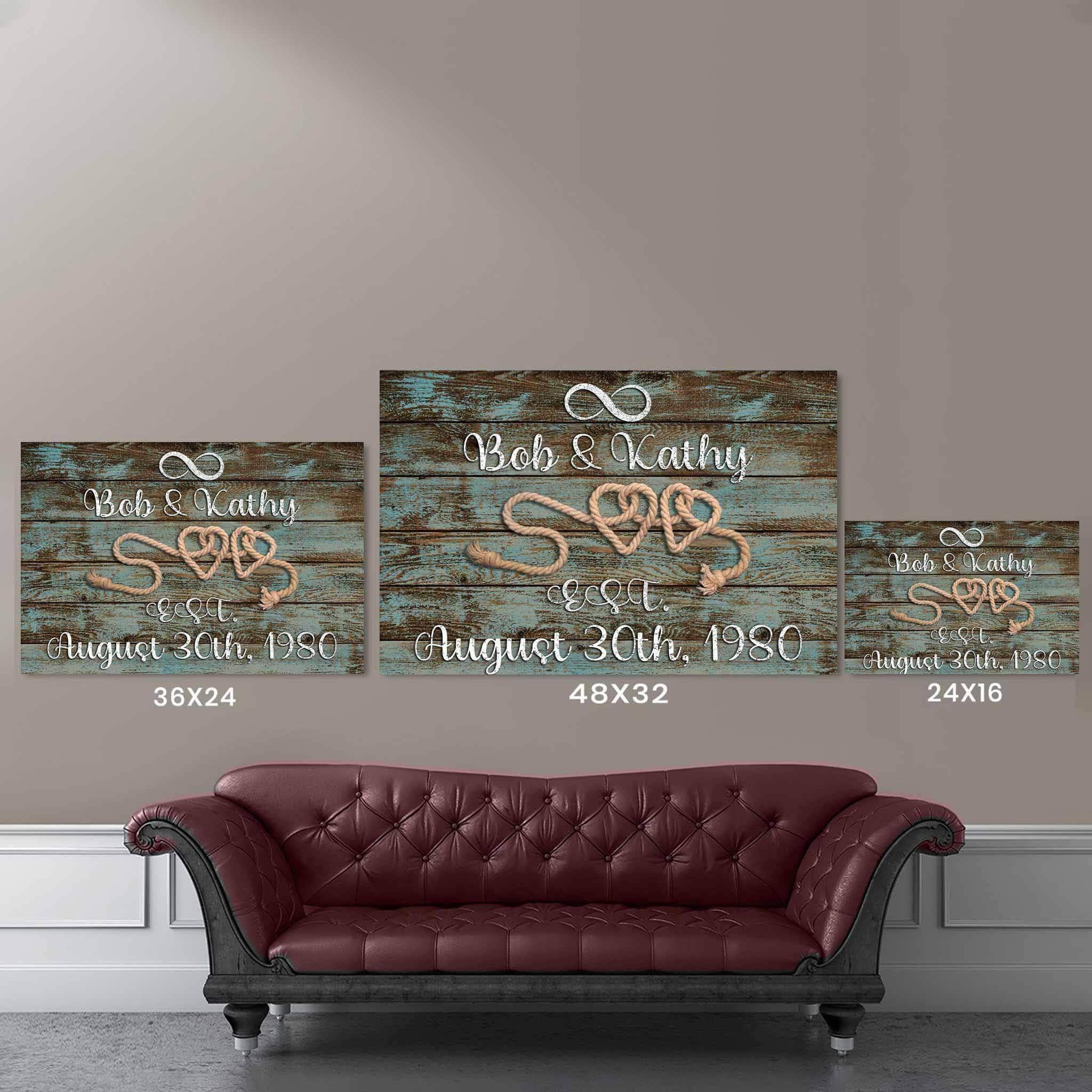 Relationship 2 Rope Hearts Distressed White Cut Metal Effect Distressed Blue Wood Personalized CanvasCustomly Gifts