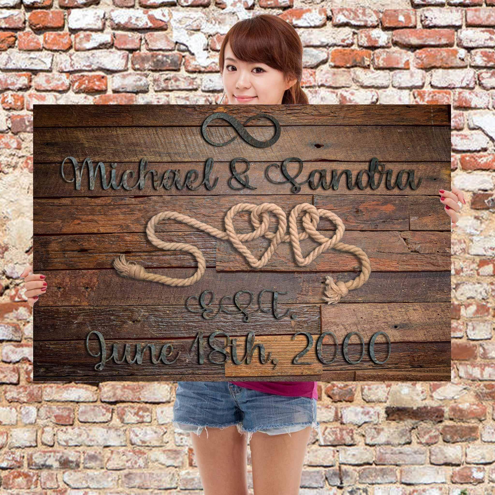 Relationship 2 Rope Hearts Rusted Cast Iron Cut Metal Effect Dark Wood Personalized CanvasCustomly Gifts
