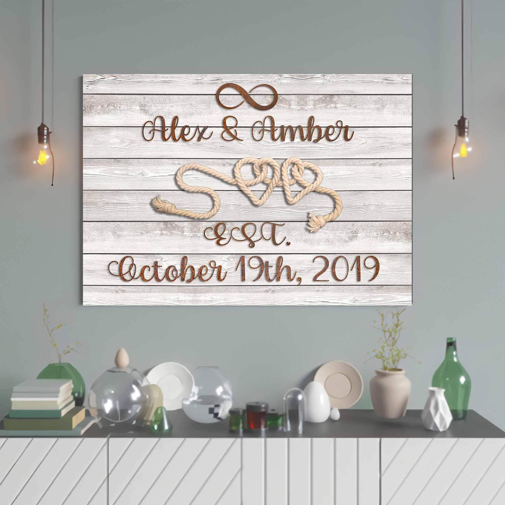 Relationship 2 Rope Hearts Rusted Iron Cut Metal Effect Light White Wood Personalized CanvasCustomly Gifts