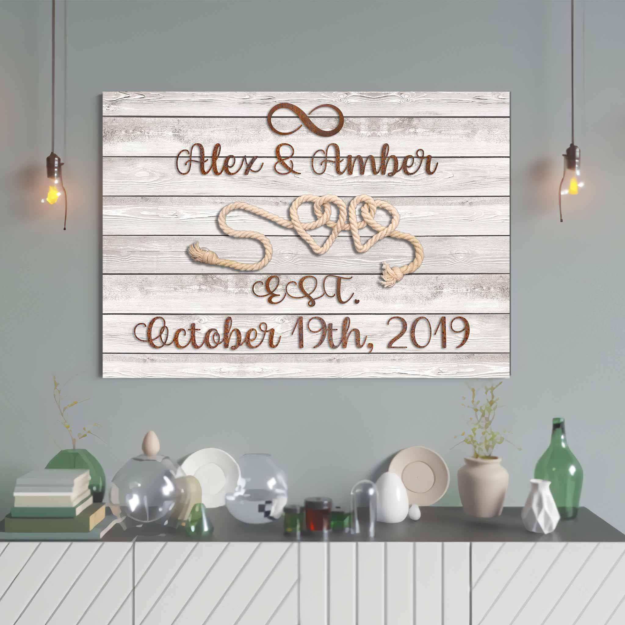 Relationship 2 Rope Hearts Rusted Iron Cut Metal Effect Light White Wood Personalized CanvasCustomly Gifts