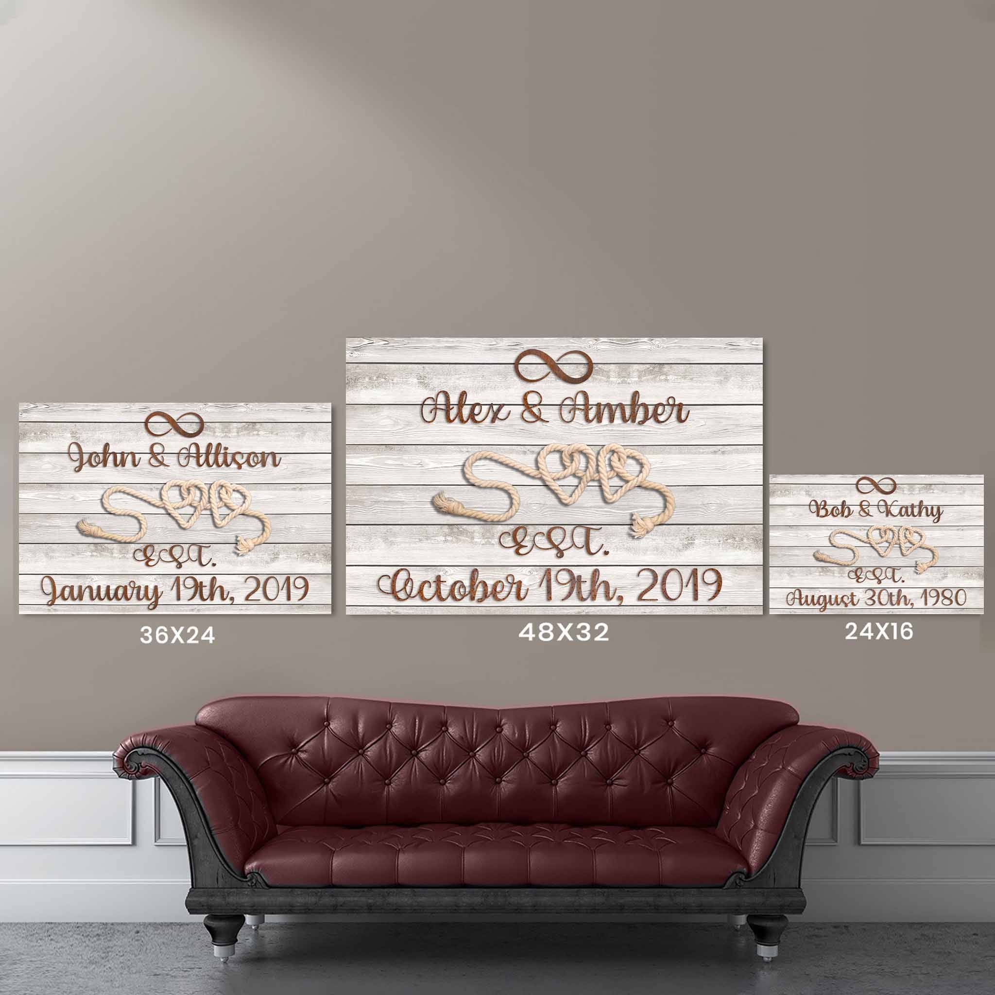 Relationship 2 Rope Hearts Rusted Iron Cut Metal Effect Light White Wood Personalized CanvasCustomly Gifts