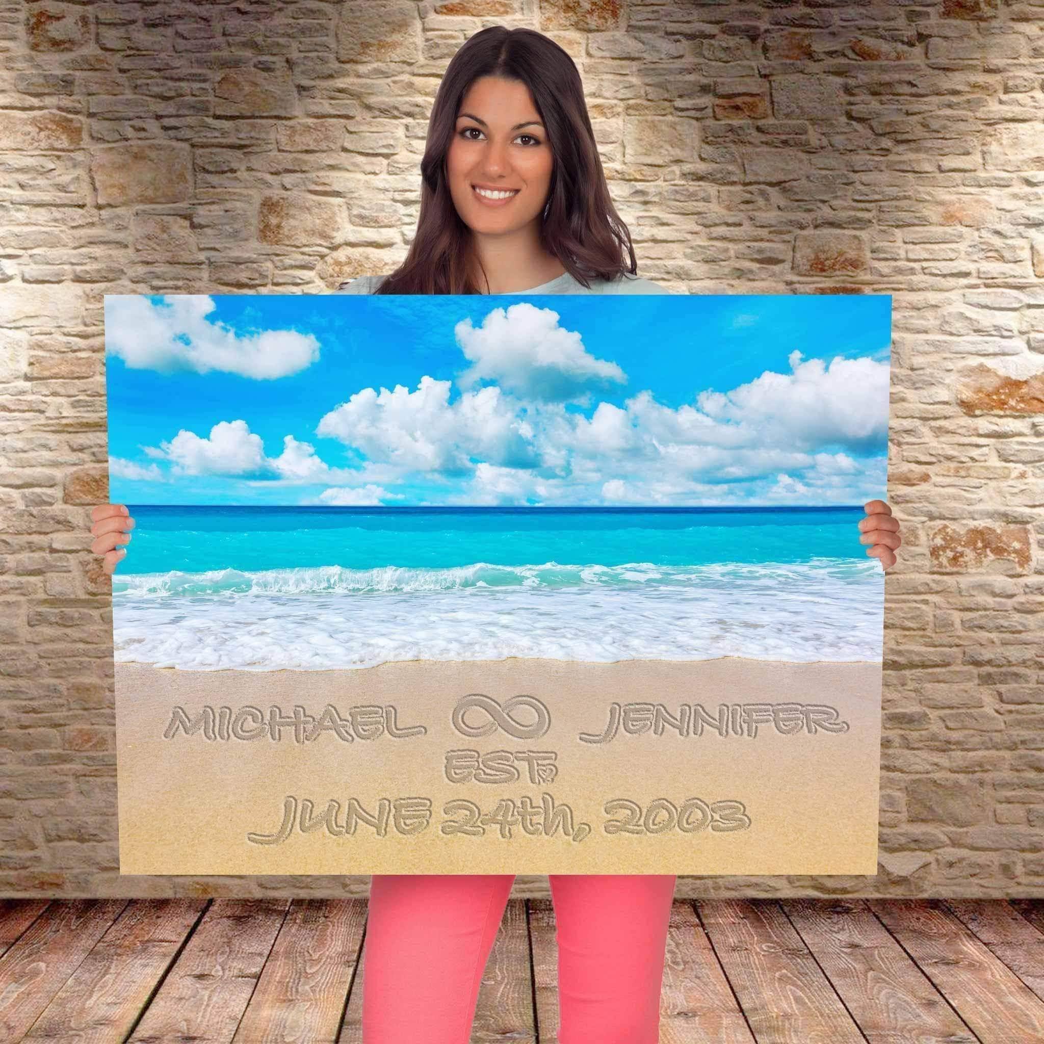 Relationship Infinity Sign Written In The Sand Beach Tropical Sea v1 Personalized CanvasCustomly Gifts