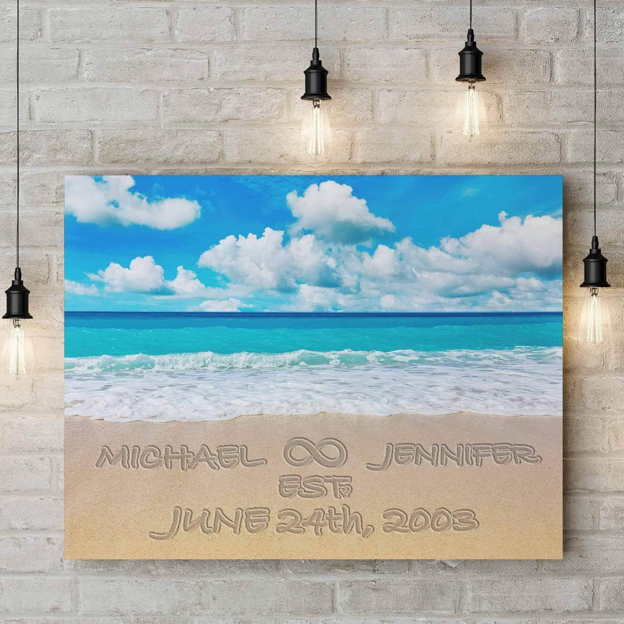 Relationship Infinity Sign Written In The Sand Beach Tropical Sea v1 Personalized CanvasCustomly Gifts