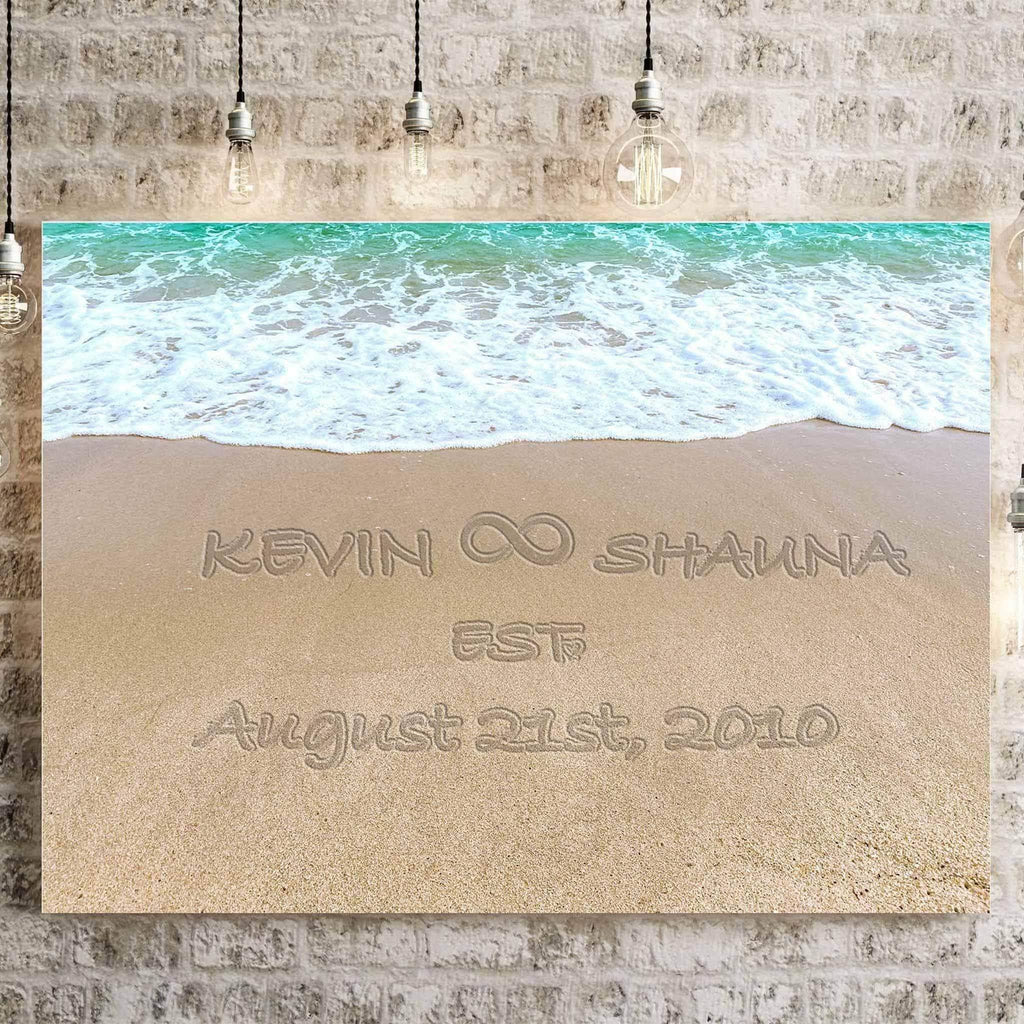 Relationship Infinity Sign Written In The Sand Beach Tropical Sea v2 Personalized CanvasCustomly Gifts