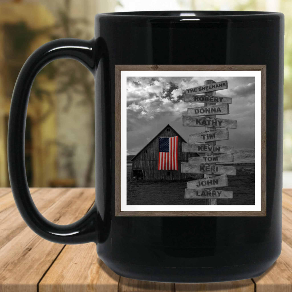 Rustic Barn B&W Color Flag Personalized Multi-Names Directional Sign MugCustomly Gifts