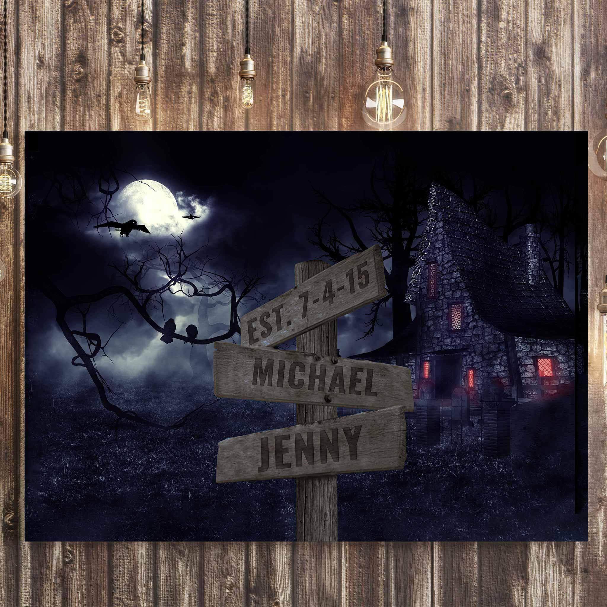 Spooky Haunted House Scene v1 Multiple Names Personalized Directional Sign CanvasCustomly Gifts