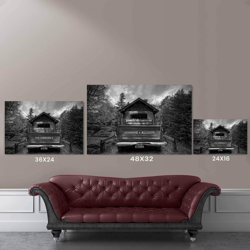 Vintage Truck Black & White On Covered Bridge Personalized Tailgate & License Plate CanvasCustomly Gifts