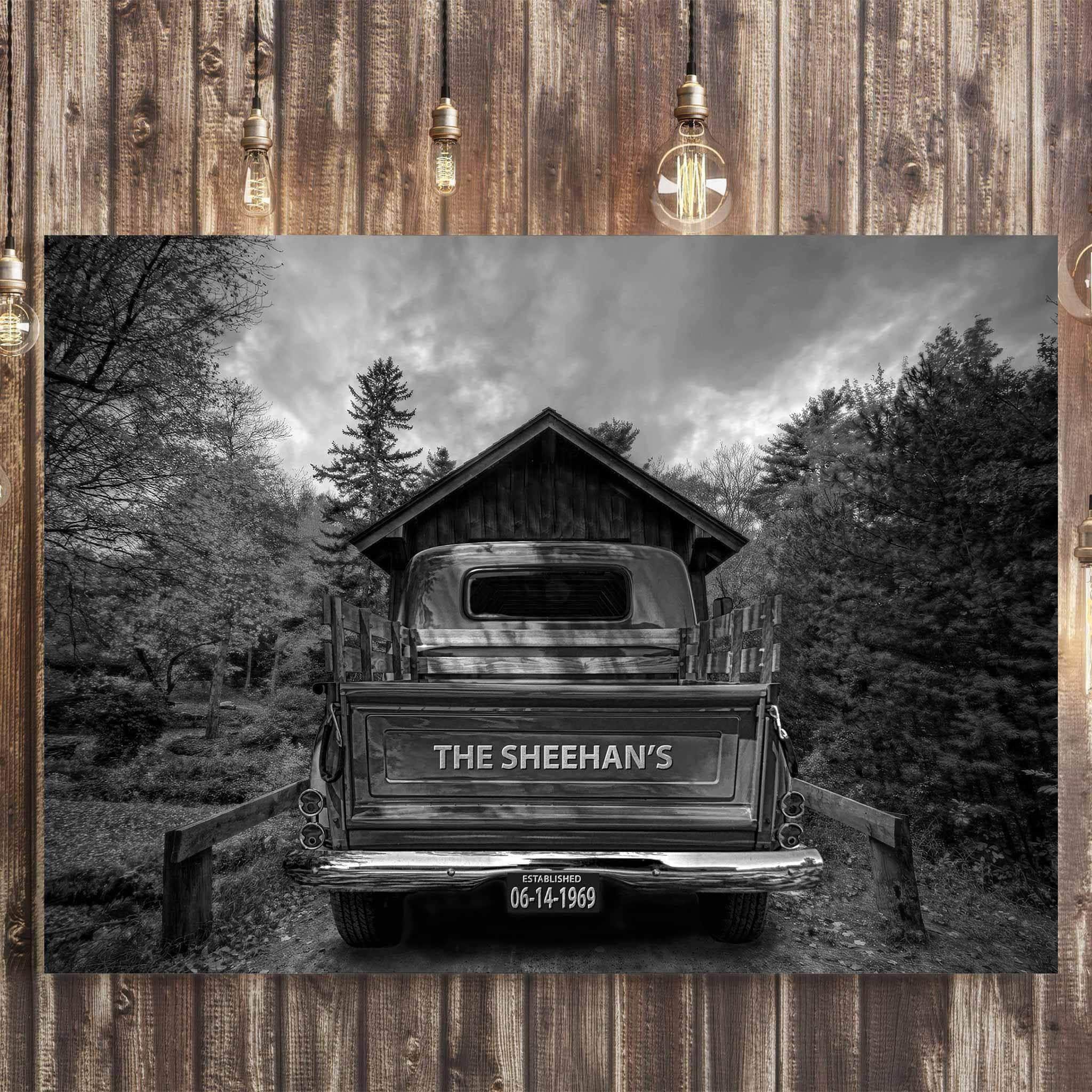 Vintage Truck Black & White On Covered Bridge Personalized Tailgate & License Plate CanvasCustomly Gifts