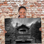 Vintage Truck Black & White On Covered Bridge Personalized Tailgate & License Plate CanvasCustomly Gifts