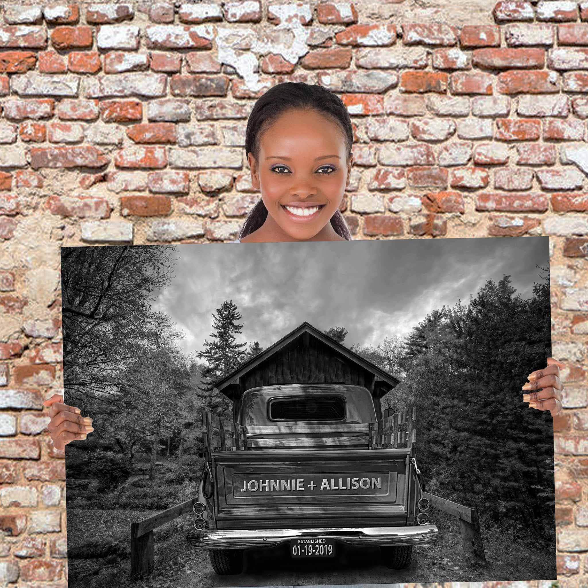 Vintage Truck Black & White On Covered Bridge Personalized Tailgate & License Plate CanvasCustomly Gifts