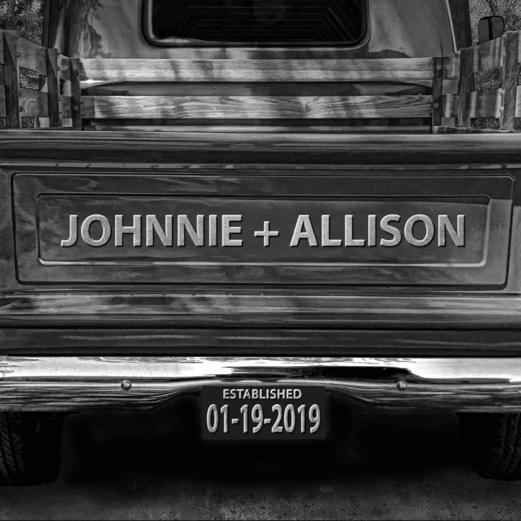 Vintage Truck Black & White On Covered Bridge Personalized Tailgate & License Plate CanvasCustomly Gifts