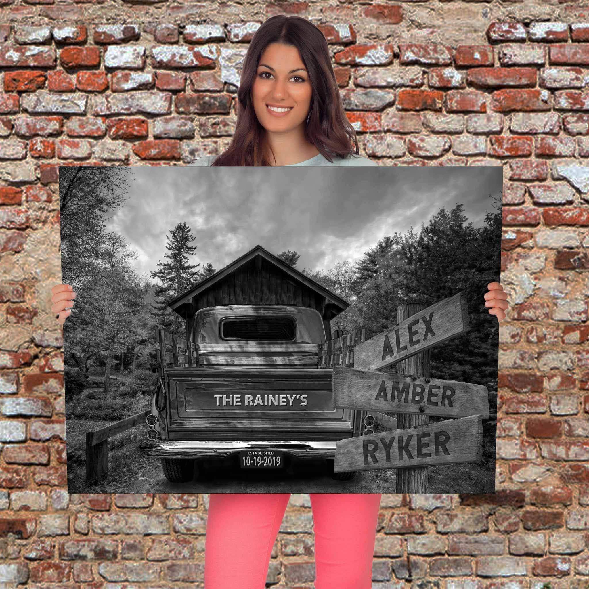 Vintage Truck B&W On Covered Bridge Personalized Tailgate, License Plate & Directional Sign CanvasCustomly Gifts