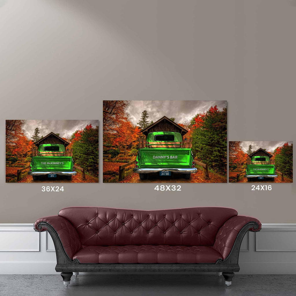 Vintage Truck (Green) On Covered Bridge Personalized Tailgate & License Plate CanvasCustomly Gifts