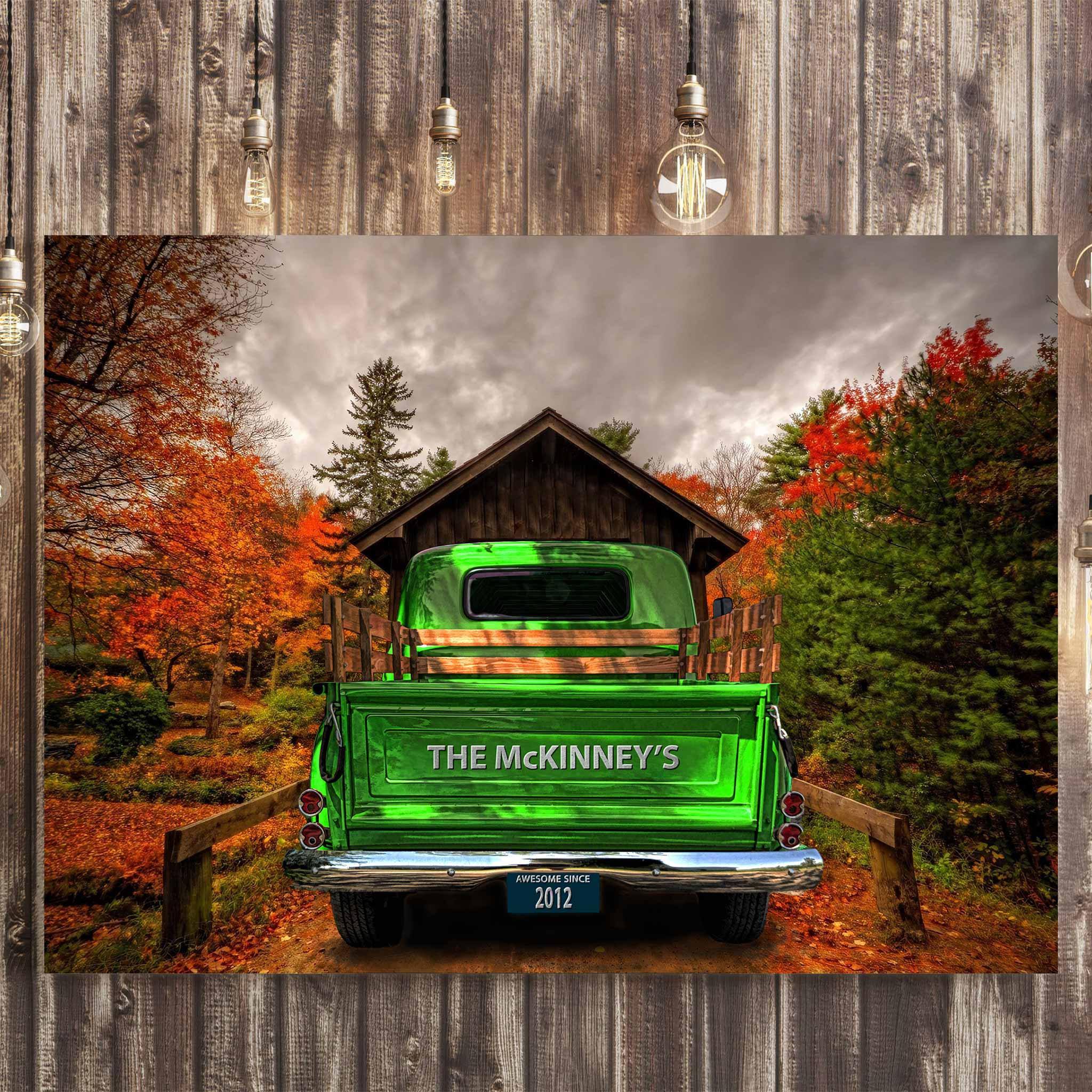 Vintage Truck (Green) On Covered Bridge Personalized Tailgate & License Plate CanvasCustomly Gifts