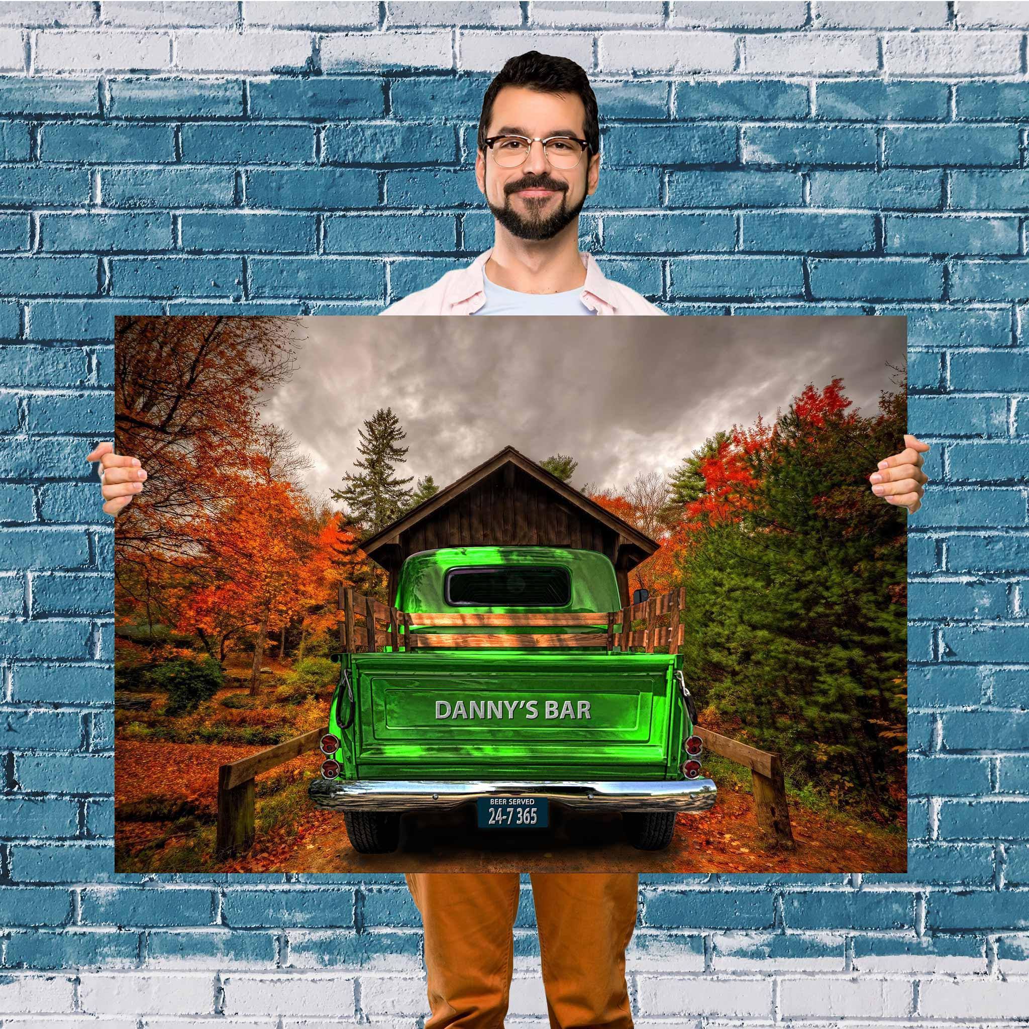 Vintage Truck (Green) On Covered Bridge Personalized Tailgate & License Plate CanvasCustomly Gifts