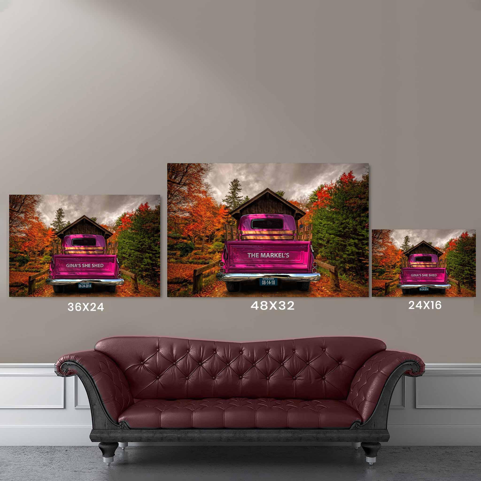 Vintage Truck (Hot Pink) On Covered Bridge Personalized Tailgate & License Plate CanvasCustomly Gifts