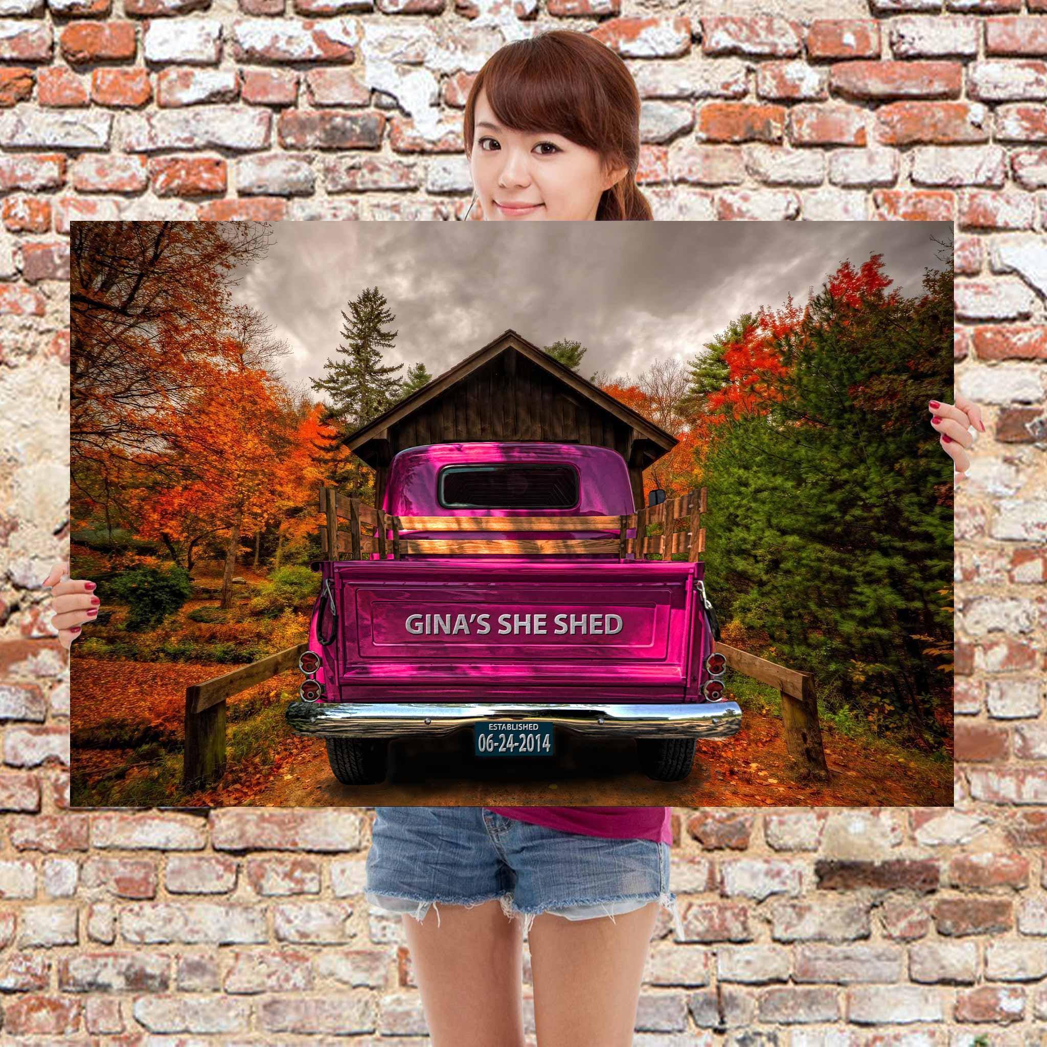 Vintage Truck (Hot Pink) On Covered Bridge Personalized Tailgate & License Plate CanvasCustomly Gifts