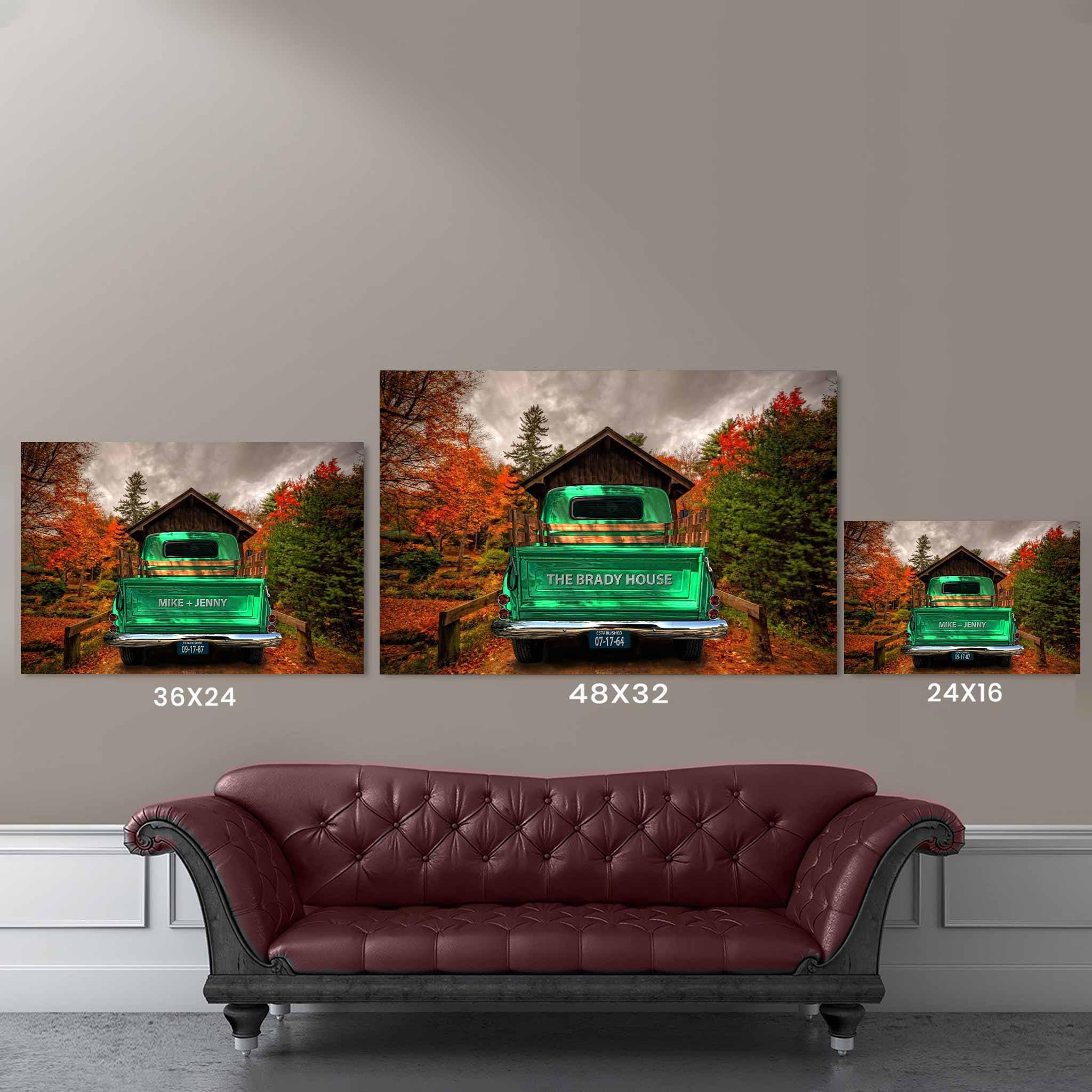 Vintage Truck (Mint Green) On Covered Bridge Personalized Tailgate & License Plate CanvasCustomly Gifts