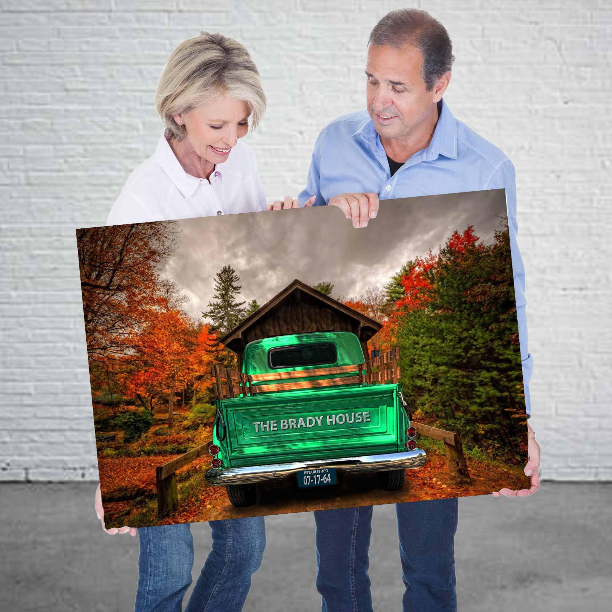 Vintage Truck (Mint Green) On Covered Bridge Personalized Tailgate & License Plate CanvasCustomly Gifts