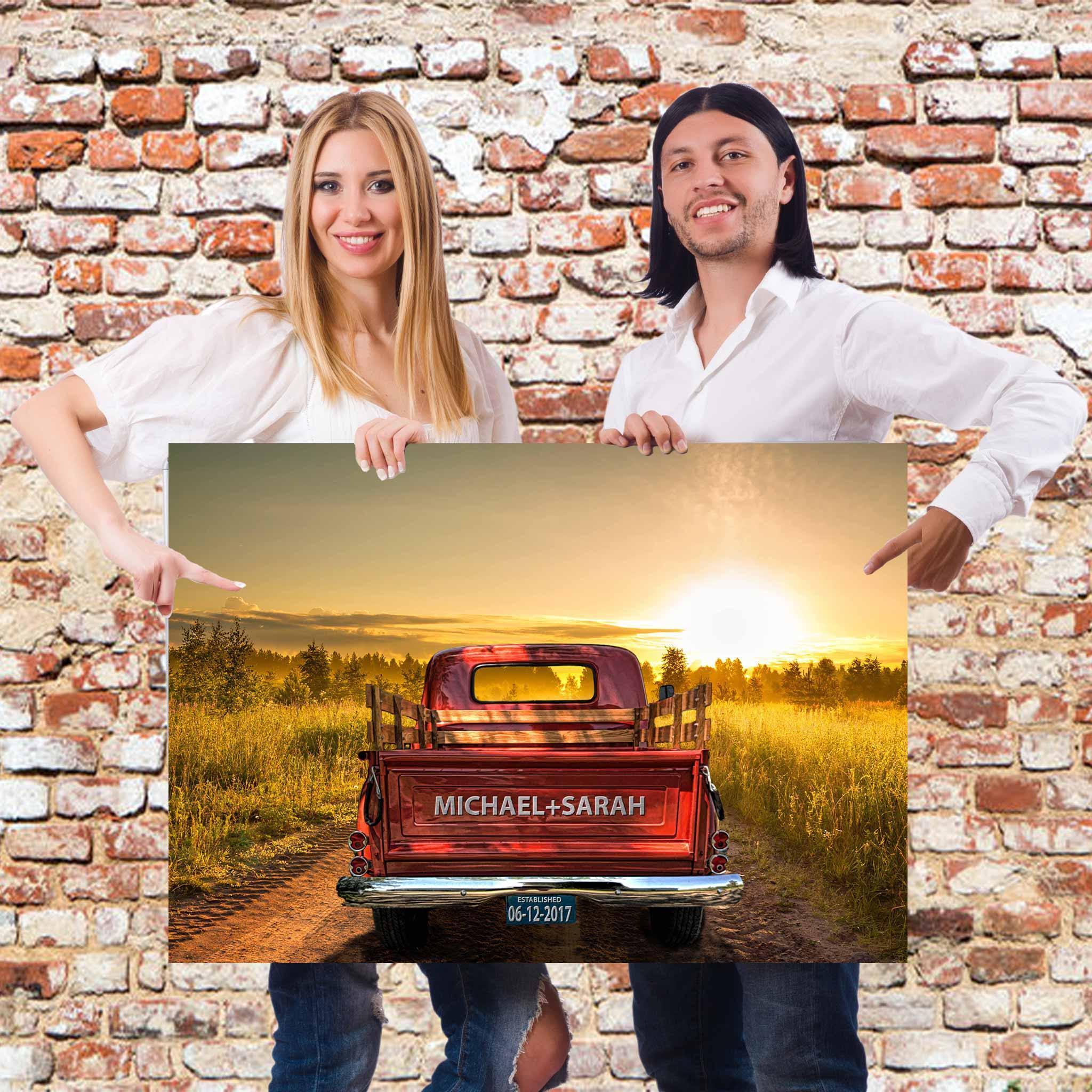 https://customlygifts.com/cdn/shop/products/vintage-truck-on-a-dirt-road-and-sunset-personalized-tailgate-license-plate-canvas-388255.jpg?v=1644635005&width=2048
