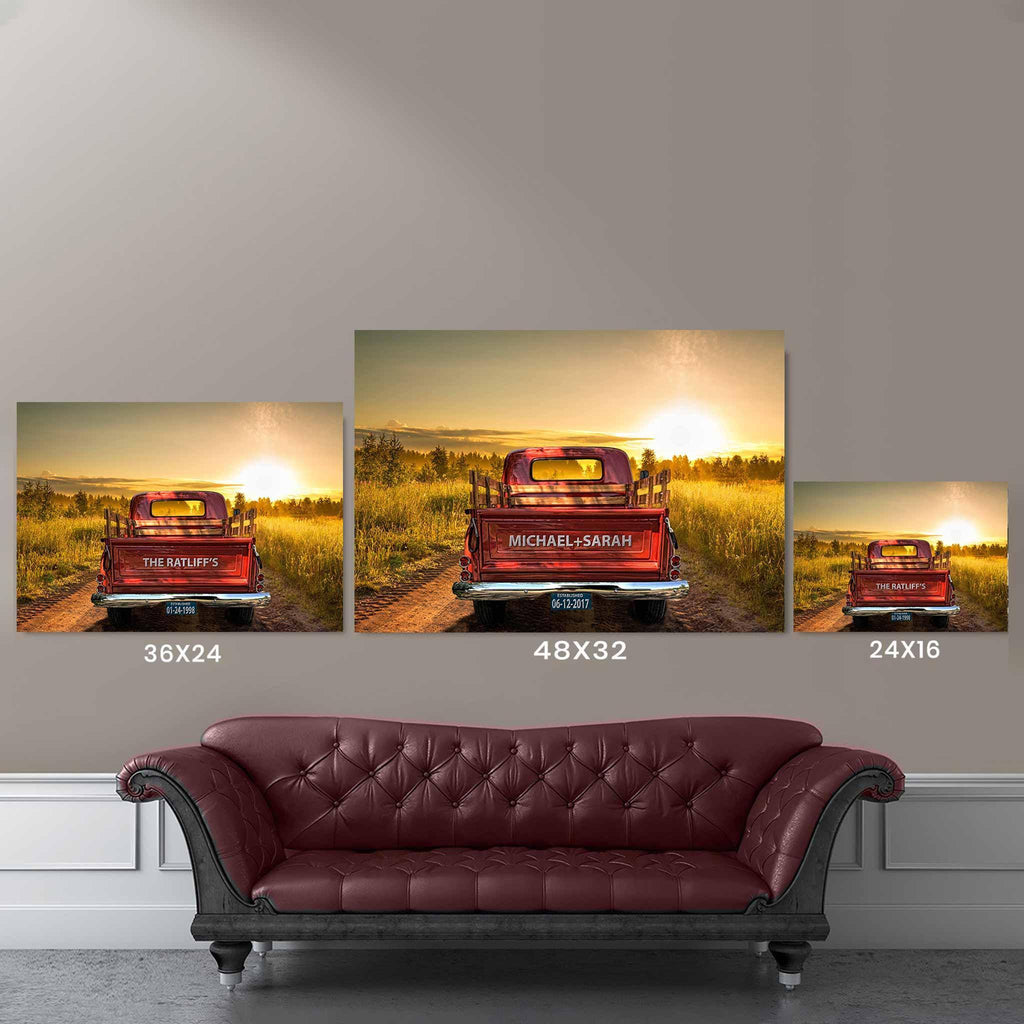 Vintage Truck On A Dirt Road And Sunset Personalized Tailgate & License Plate CanvasCustomly Gifts