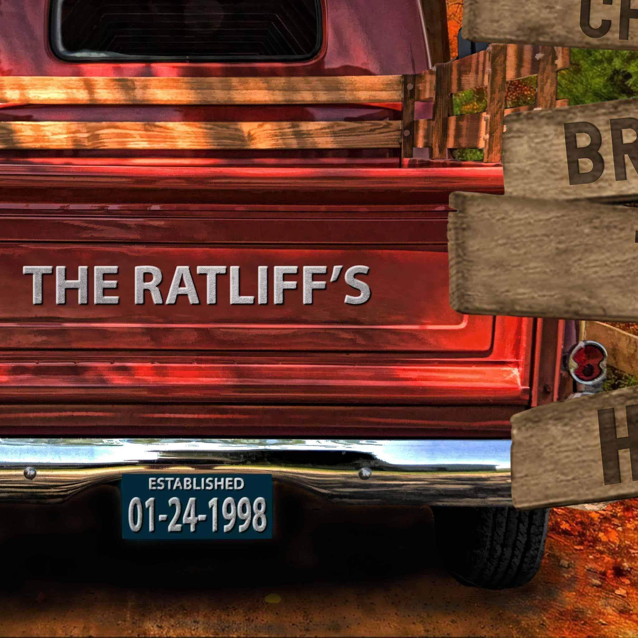 Vintage Truck (Rust) Covered Bridge Personalized Tailgate, License Plate & Directional Sign CanvasCustomly Gifts