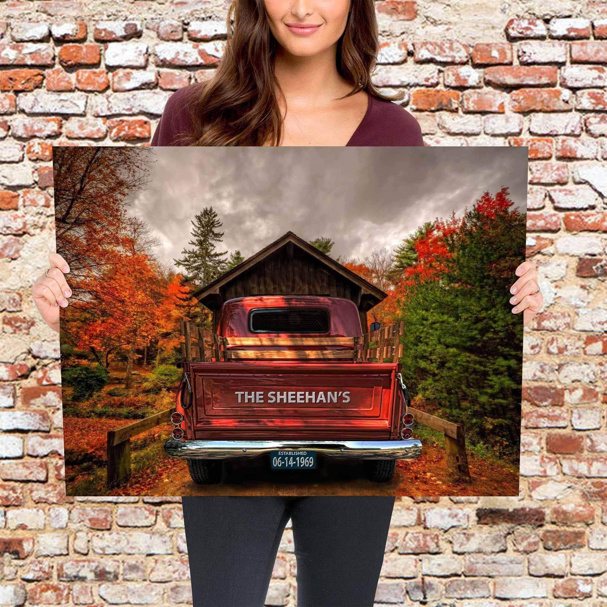 Vintage Truck (Rust Orange) Covered Bridge Personalized Tailgate & License Plate CanvasCustomly Gifts