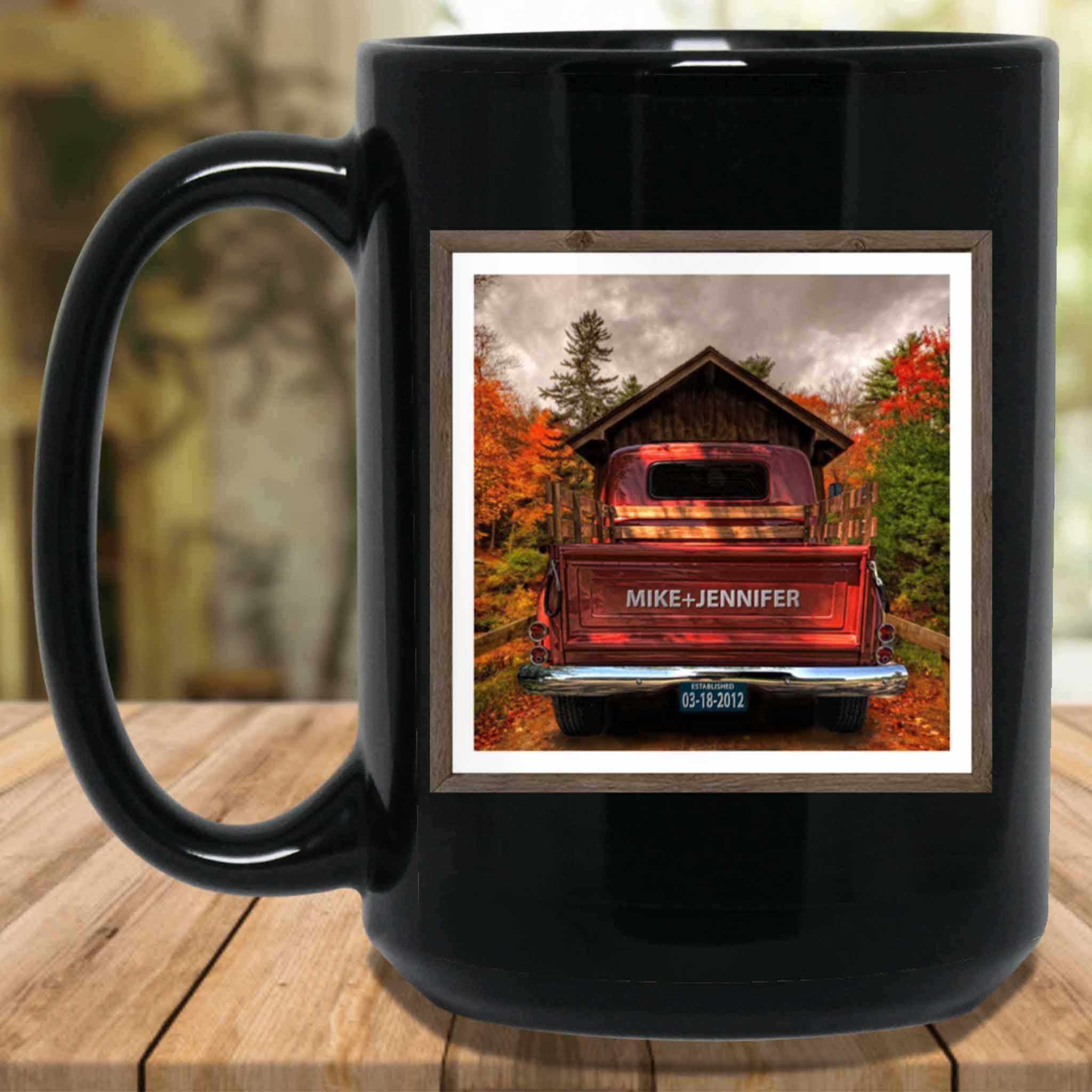 Vintage Truck (Rust Orange) Covered Bridge Personalized Tailgate & License Plate MugCustomly Gifts
