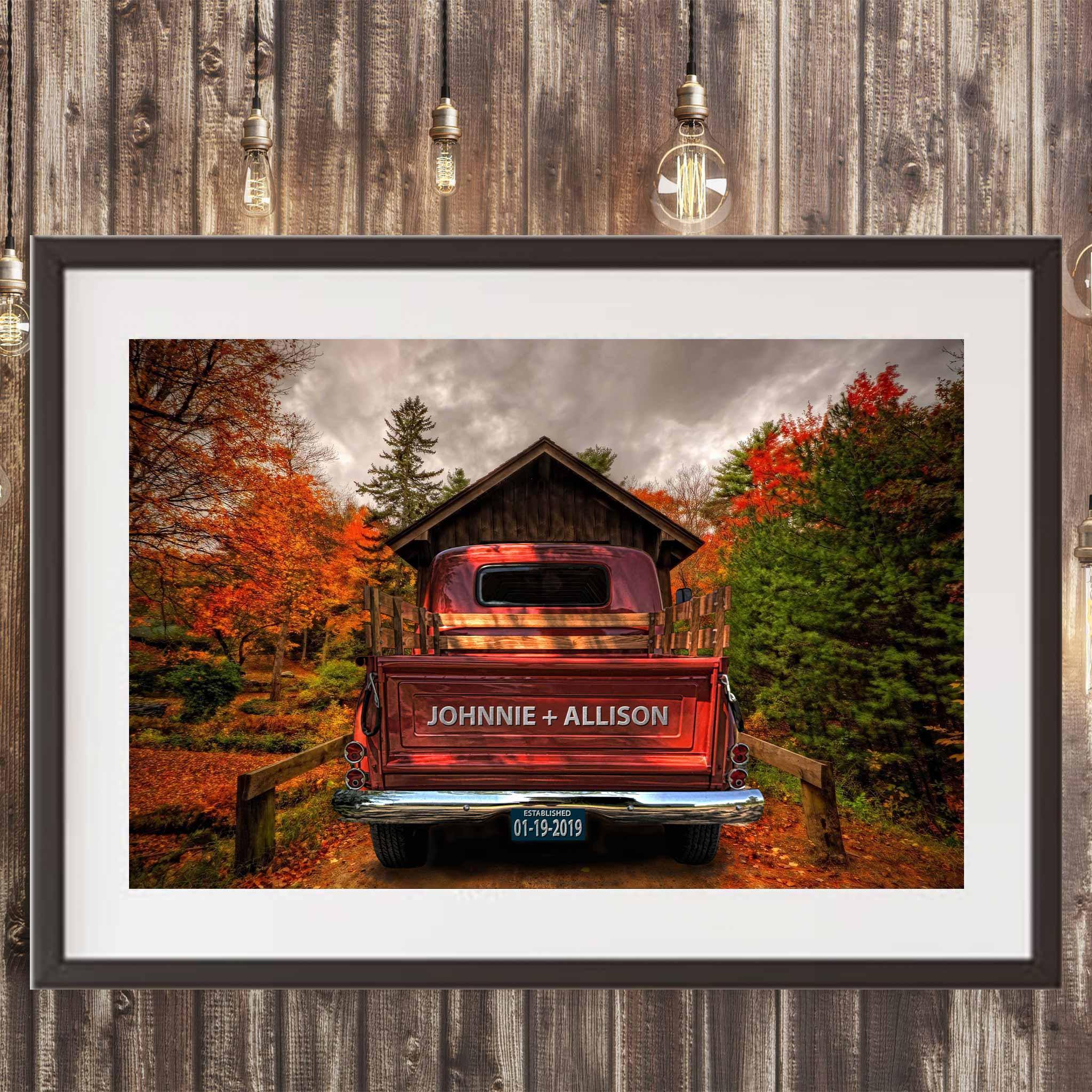Vintage Truck (Rust-Orange) On Covered Bridge Personalized Tailgate & License Plate PosterCustomly Gifts