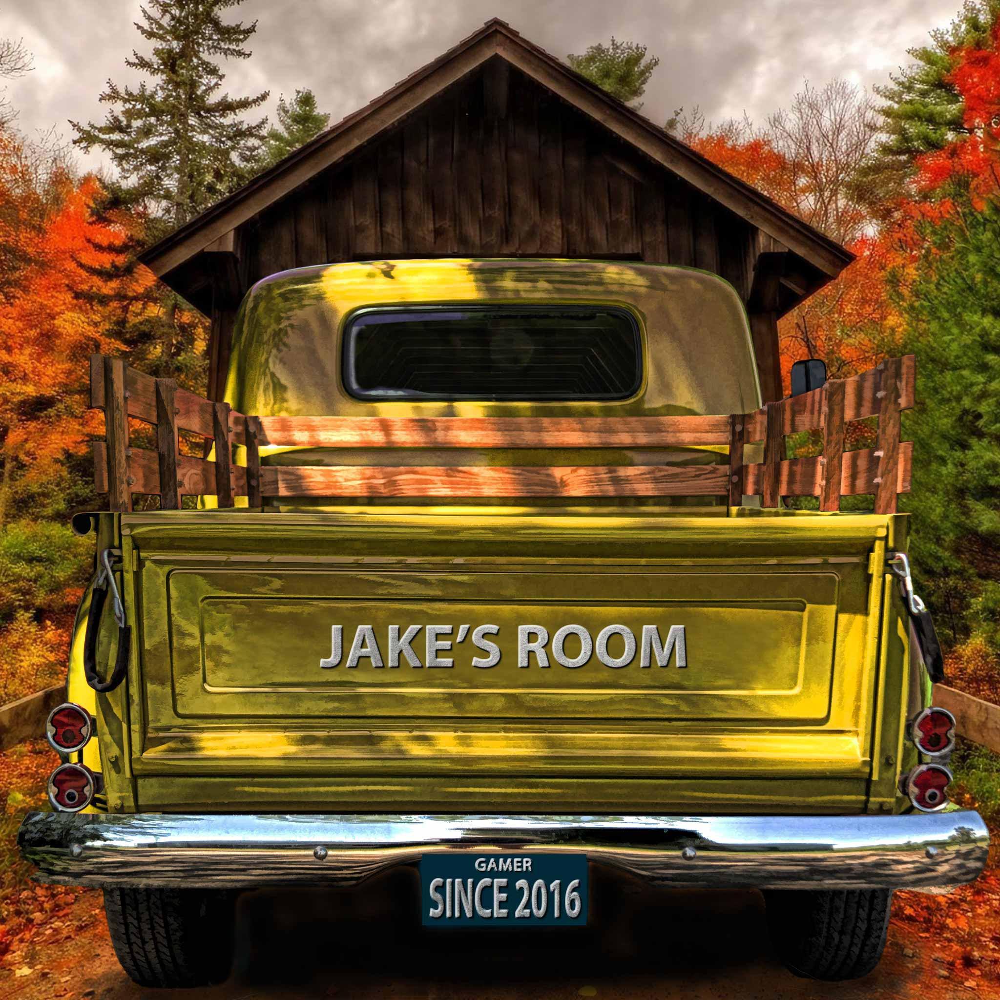 Vintage Truck (Yellow) On Covered Bridge Personalized Tailgate & License Plate CanvasCustomly Gifts