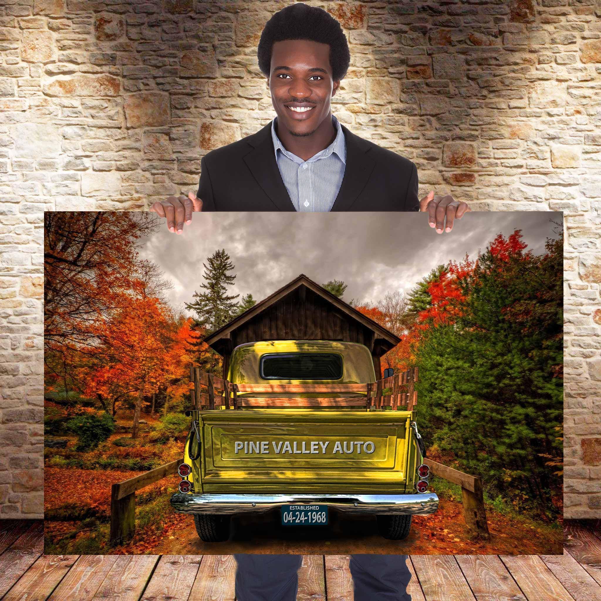 Vintage Truck (Yellow) On Covered Bridge Personalized Tailgate & License Plate CanvasCustomly Gifts