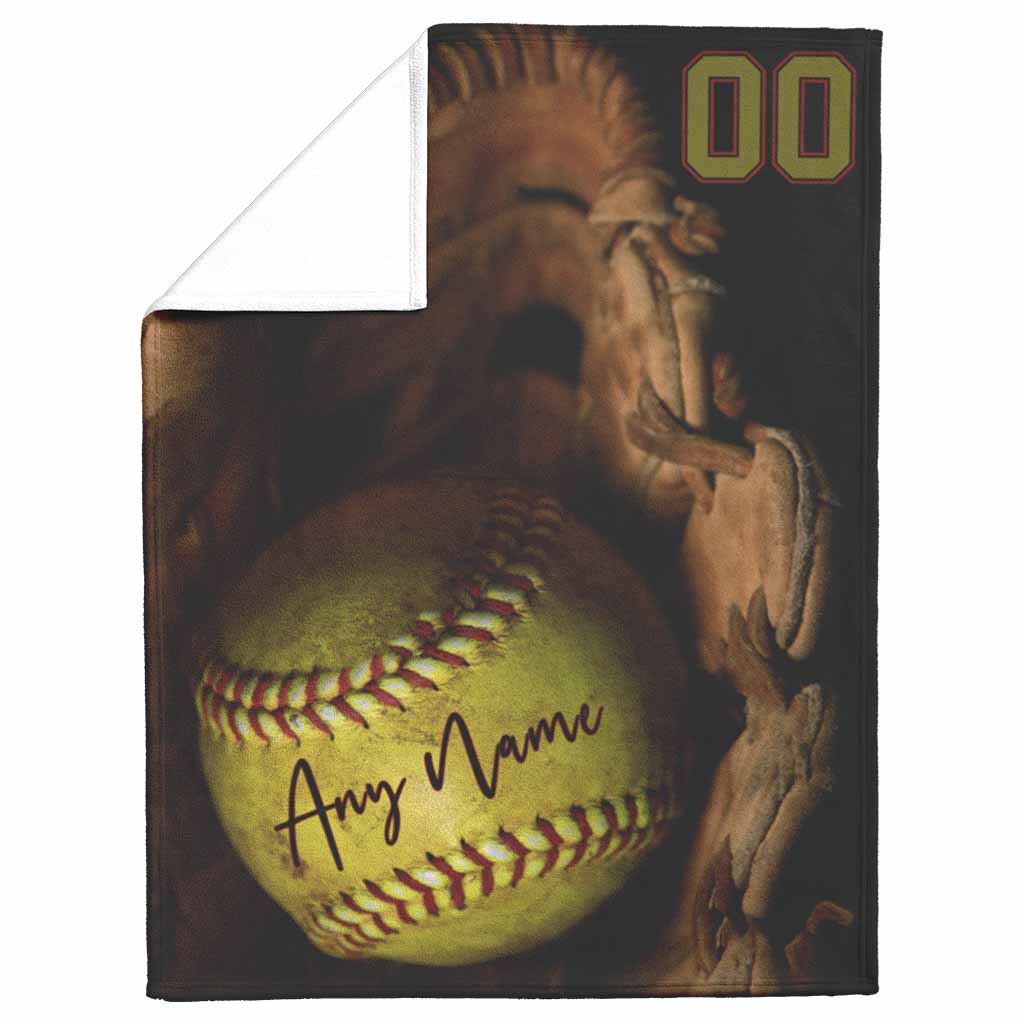Yellow Softball in Glove Personalized Name and Number BlanketCustomly Gifts