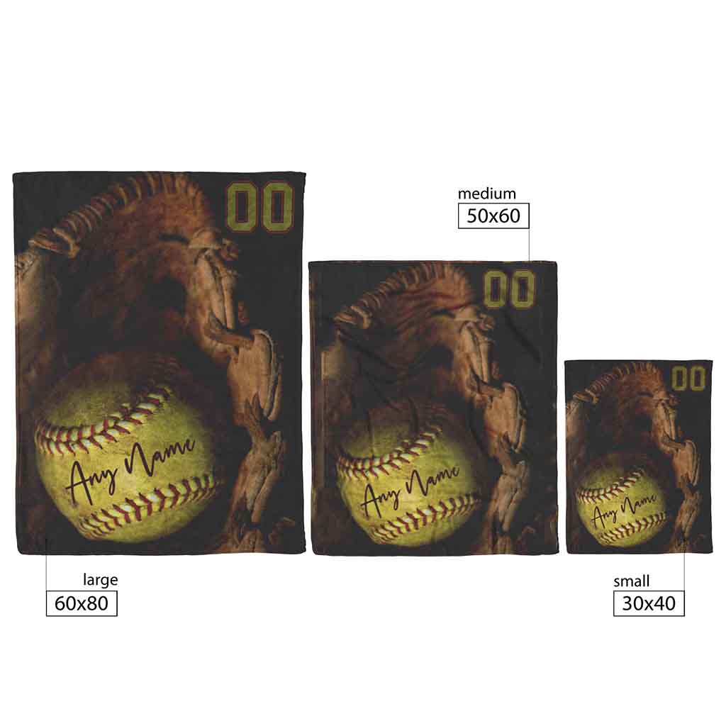 Yellow Softball in Glove Personalized Name and Number BlanketCustomly Gifts