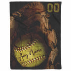 Yellow Softball in Glove Personalized Name and Number BlanketCustomly Gifts