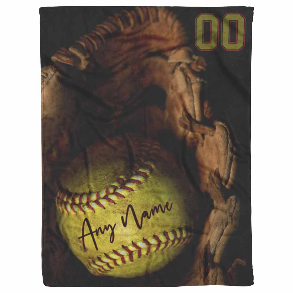 Yellow Softball in Glove Personalized Name and Number BlanketCustomly Gifts