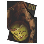 Yellow Softball in Glove Personalized Name and Number BlanketCustomly Gifts